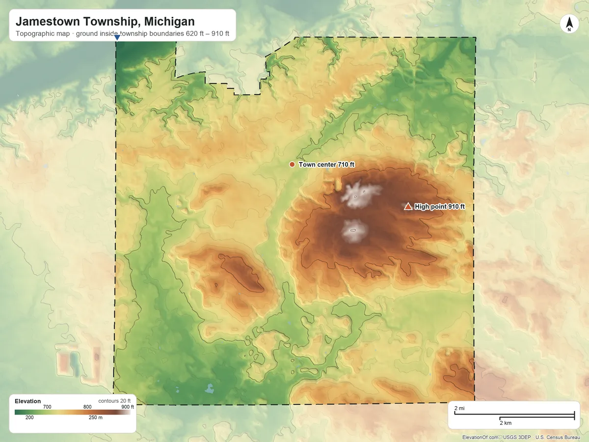 Topographic elevation map of Jamestown Township, Michigan, shaded from 620 ft on the northwest side to 910 ft on the east side