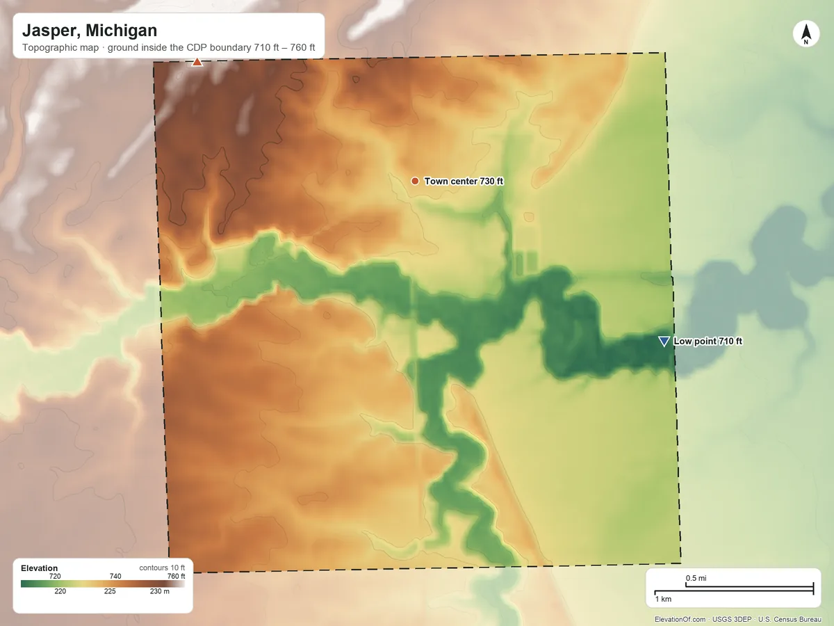 Topographic elevation map of Jasper, Michigan, shaded from 710 ft on the southeast side to 760 ft on the northwest side