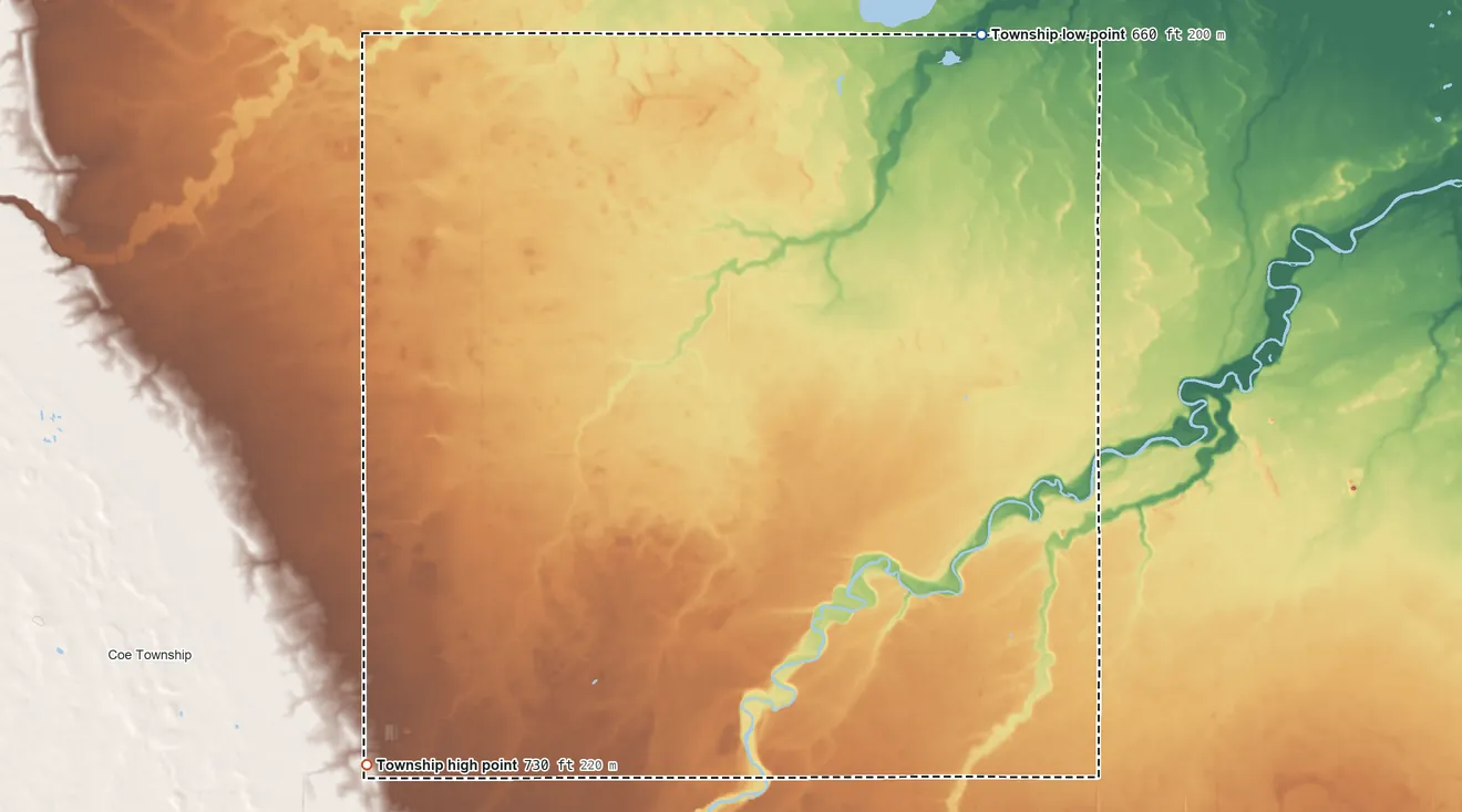 Topographic elevation map of Jasper Township, Michigan, shaded from 660 ft on the northeast side to 730 ft on the southwest side