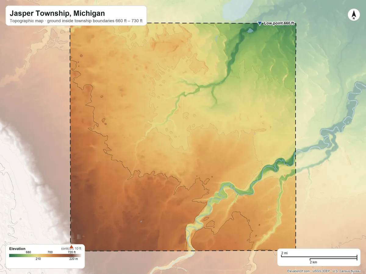 Topographic elevation map of Jasper Township, Michigan, shaded from 660 ft on the northeast side to 730 ft on the southwest side