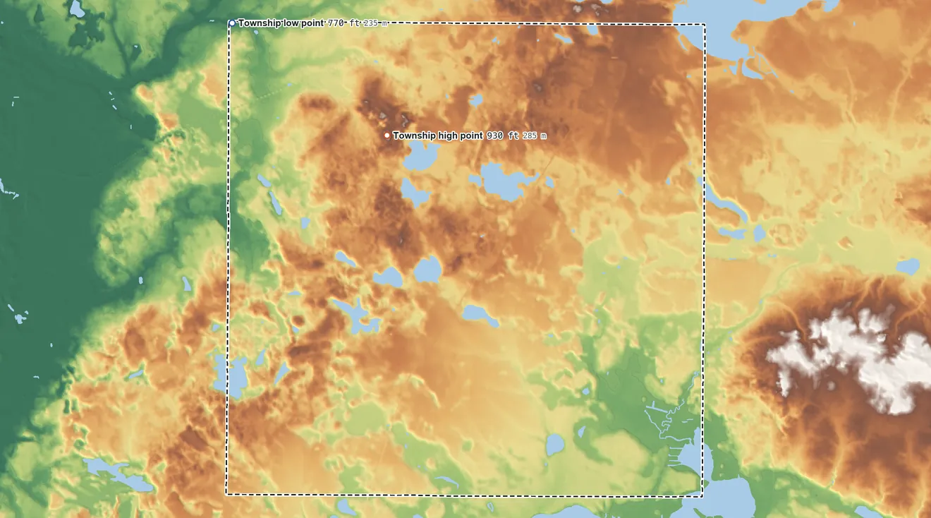 Topographic elevation map of Jefferson Township, Cass County, Michigan, shaded from 770 ft on the northwest side to 930 ft on the northwest side