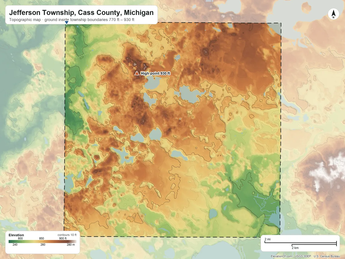 Topographic elevation map of Jefferson Township, Cass County, Michigan, shaded from 770 ft on the northwest side to 930 ft on the northwest side
