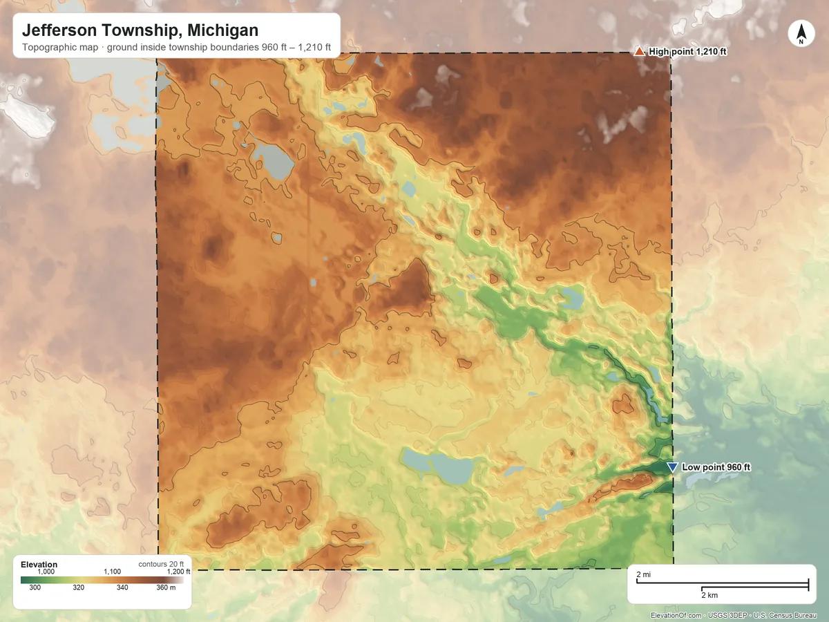 Topographic elevation map of Jefferson Township, Michigan, shaded from 960 ft on the southeast side to 1,210 ft on the northeast side