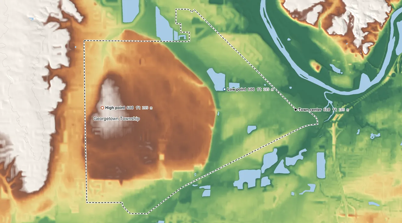 Topographic elevation map of Jenison, Michigan, shaded from 600 ft on the west side to 680 ft on the west side