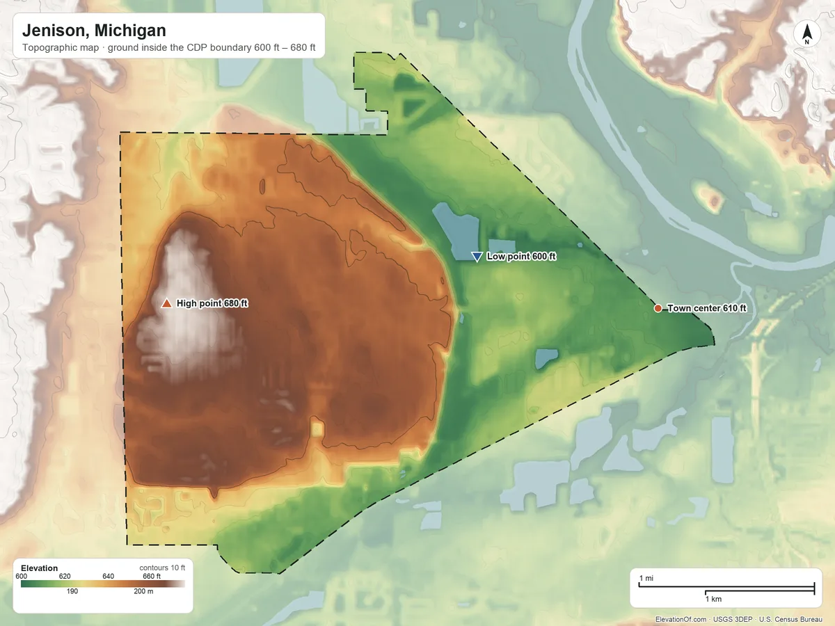 Topographic elevation map of Jenison, Michigan, shaded from 600 ft on the west side to 680 ft on the west side