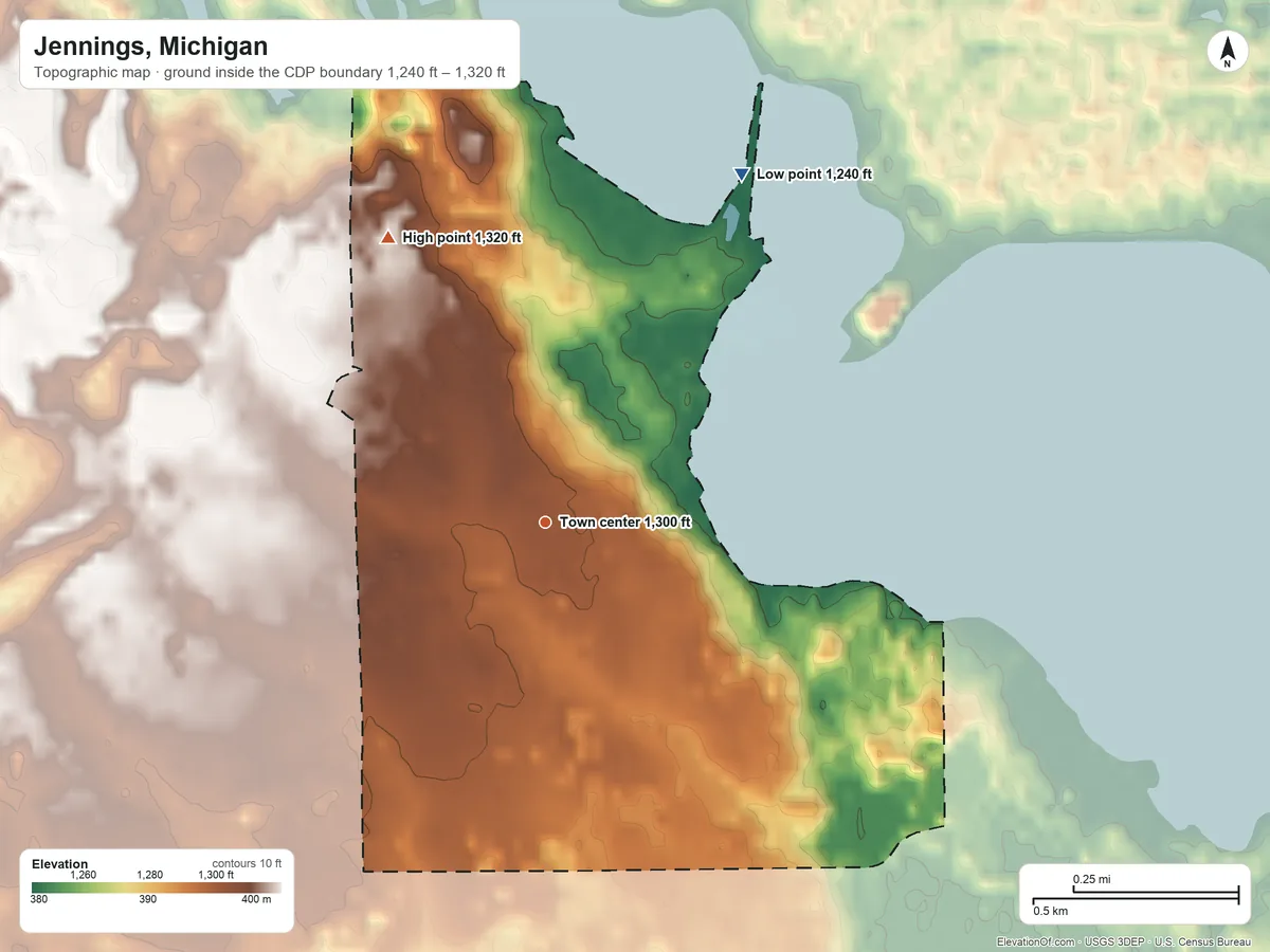 Topographic elevation map of Jennings, Michigan, shaded from 1,240 ft on the northeast side to 1,320 ft on the northwest side