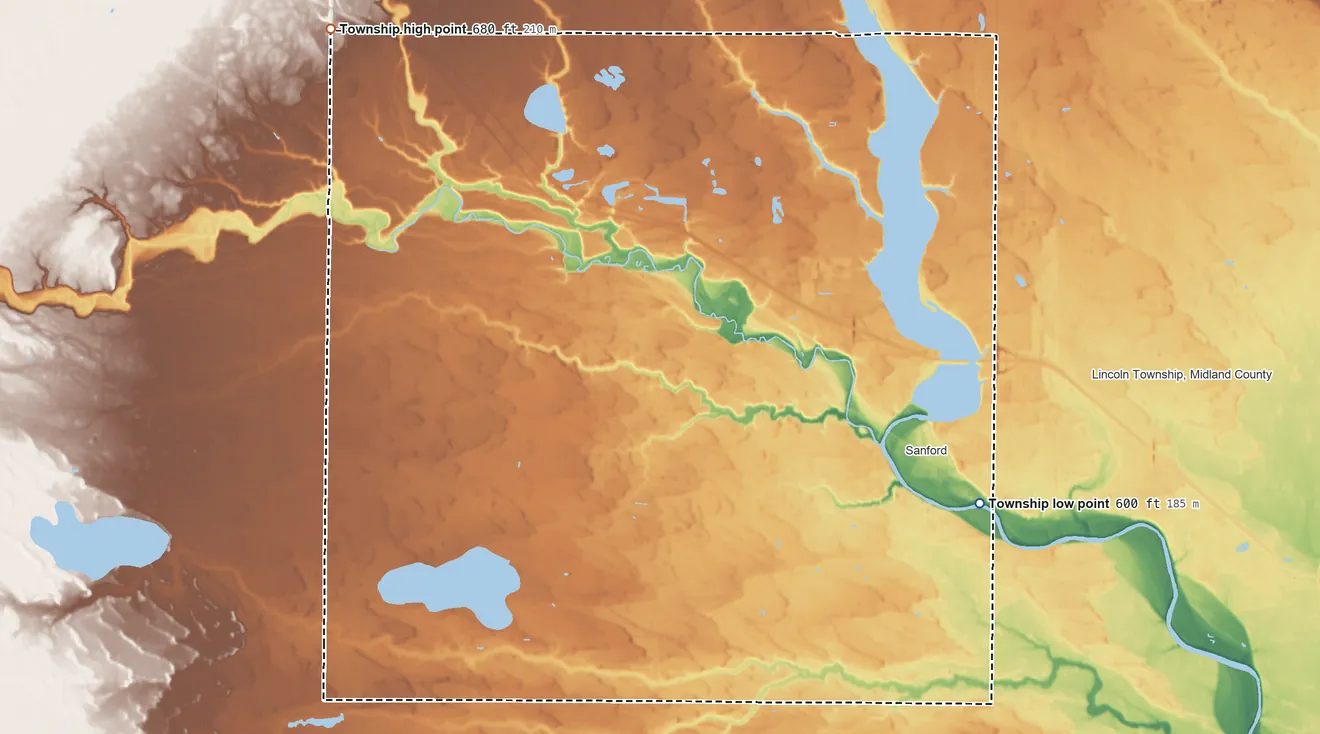 Topographic elevation map of Jerome Township, Michigan, shaded from 600 ft on the southeast side to 680 ft on the northwest side