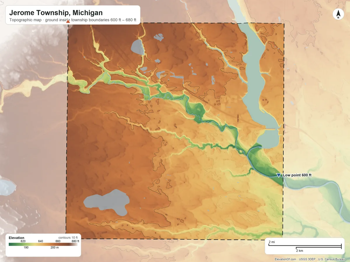 Topographic elevation map of Jerome Township, Michigan, shaded from 600 ft on the southeast side to 680 ft on the northwest side