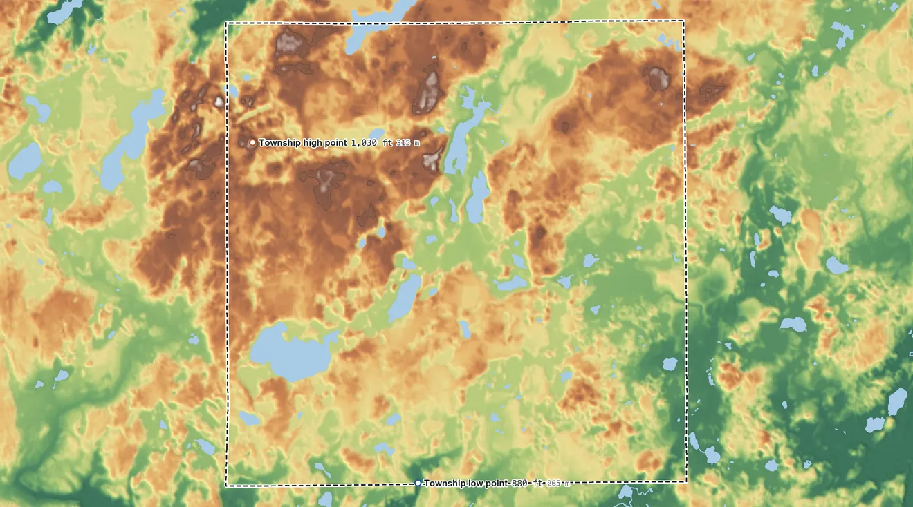 Topographic elevation map of Johnstown Township, Michigan, shaded from 880 ft on the south side to 1,030 ft on the northwest side