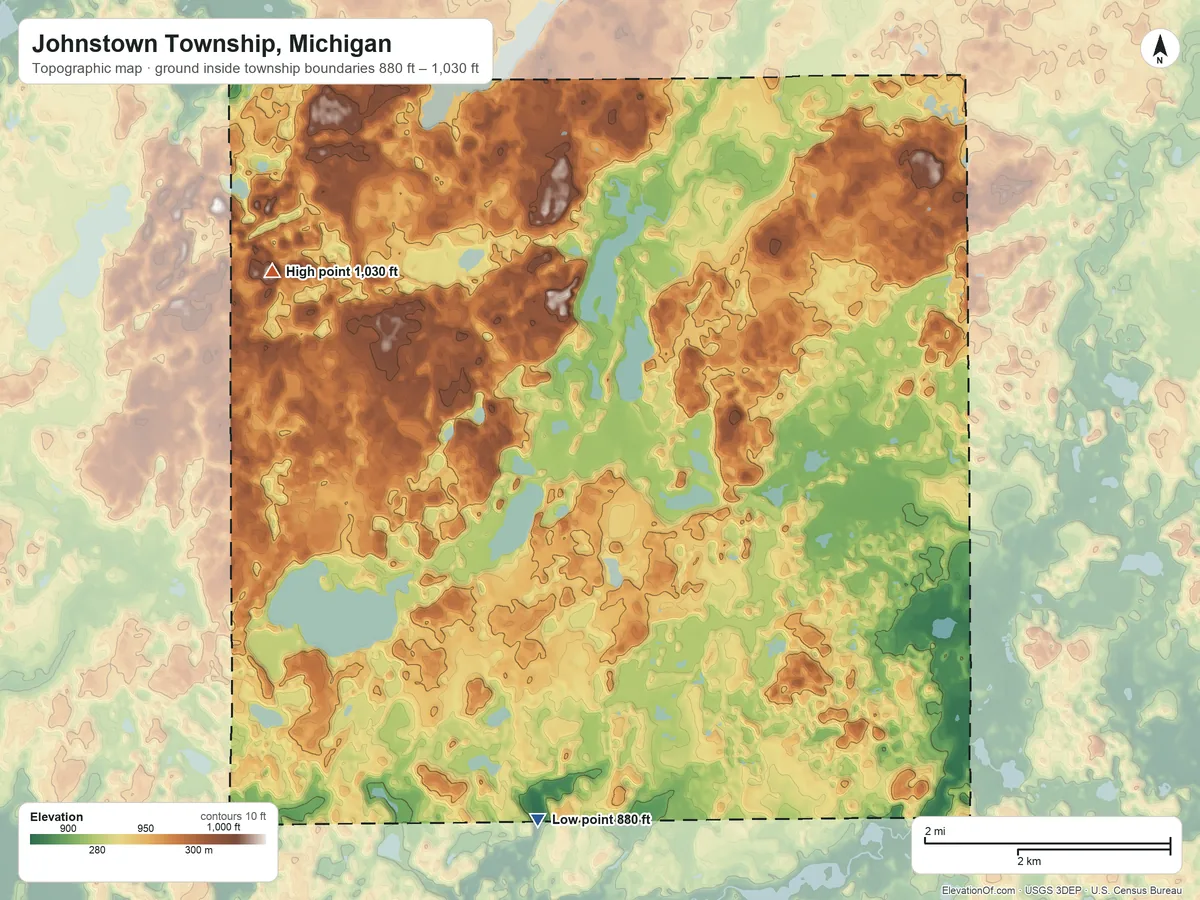 Topographic elevation map of Johnstown Township, Michigan, shaded from 880 ft on the south side to 1,030 ft on the northwest side