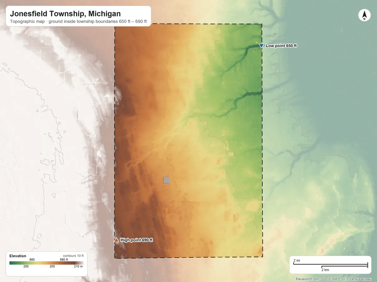 Topographic elevation map of Jonesfield Township, Michigan, shaded from 650 ft on the northeast side to 690 ft on the southwest side