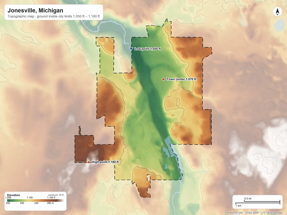 Topographic elevation map of Jonesville, Michigan, shaded from 1,050 ft on the northwest side to 1,180 ft on the southwest side