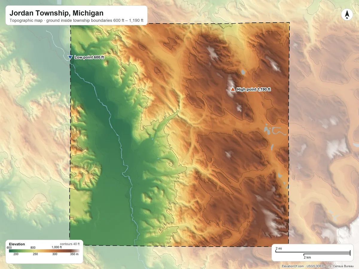 Topographic elevation map of Jordan Township, Michigan, shaded from 600 ft on the northwest side to 1,190 ft on the northeast side