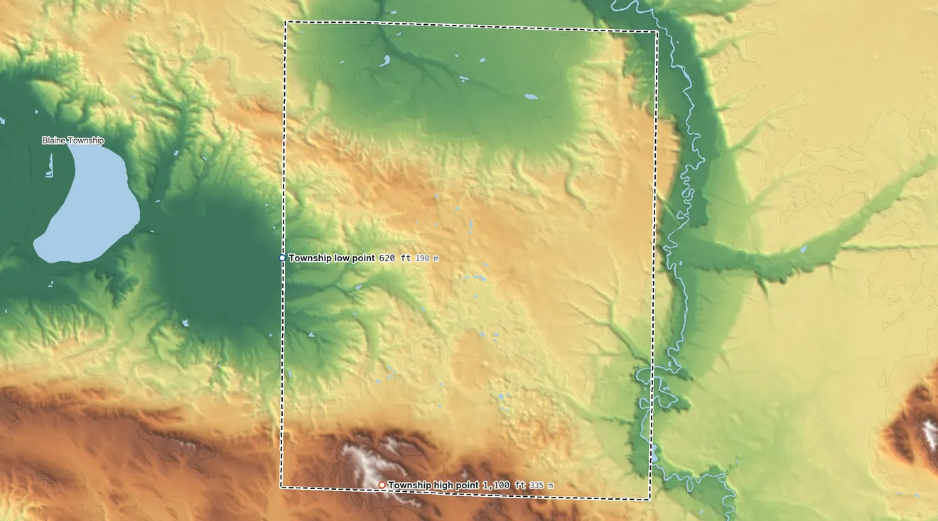 Topographic elevation map of Joyfield Township, Michigan, shaded from 620 ft on the west side to 1,100 ft on the south side