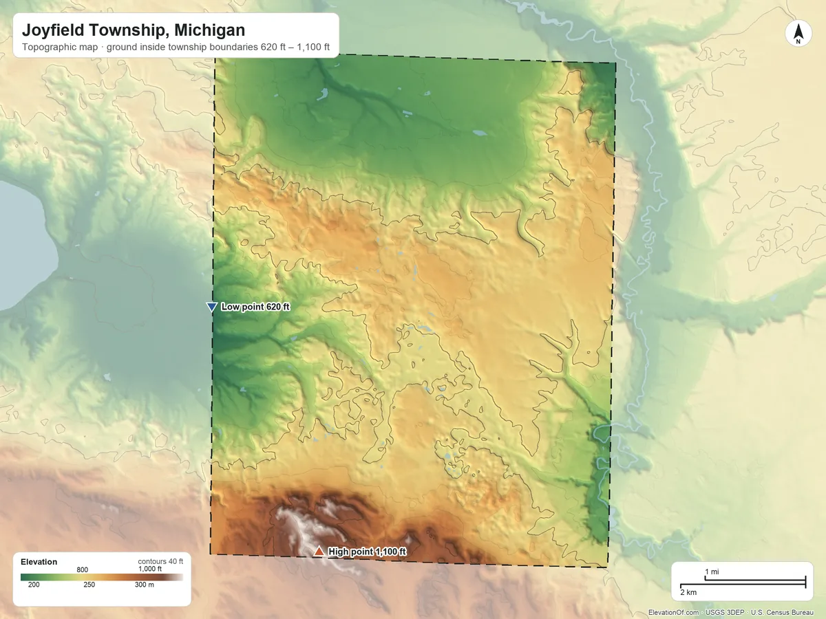Topographic elevation map of Joyfield Township, Michigan, shaded from 620 ft on the west side to 1,100 ft on the south side