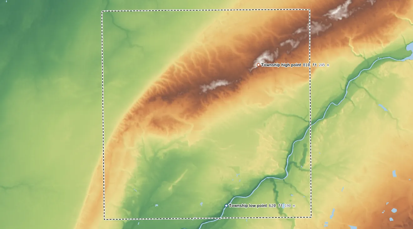 Topographic elevation map of Juniata Township, Michigan, shaded from 620 ft on the south side to 810 ft on the northeast side