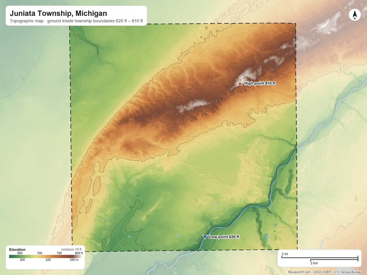 Topographic elevation map of Juniata Township, Michigan, shaded from 620 ft on the south side to 810 ft on the northeast side