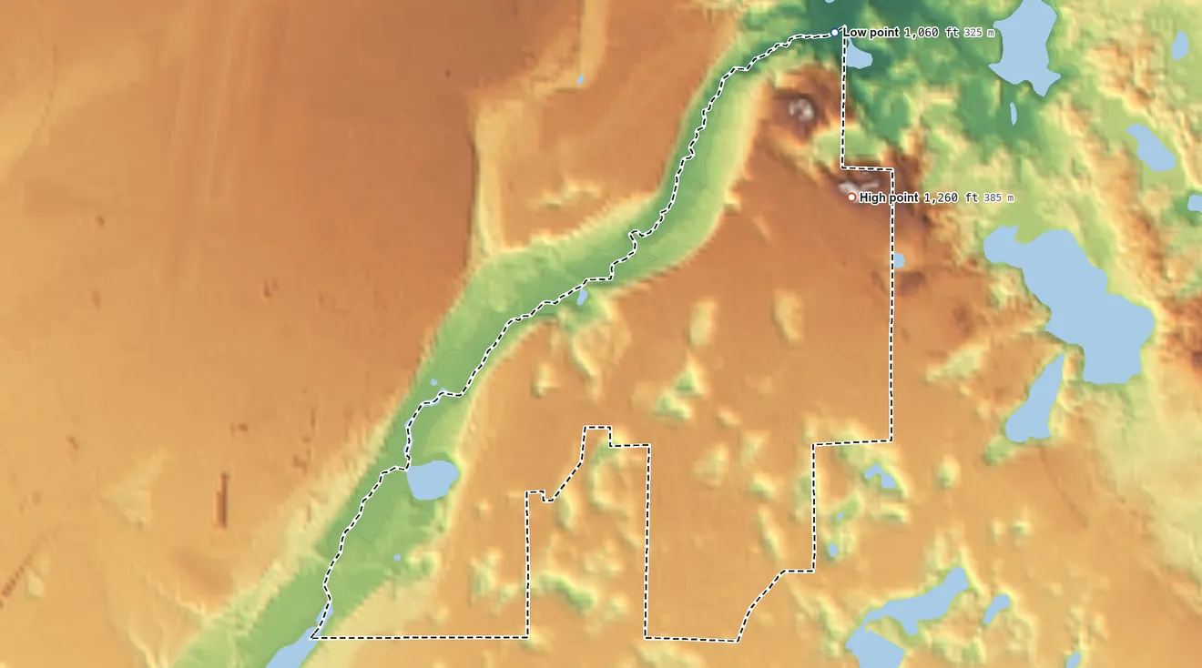 Topographic elevation map of K. I. Sawyer, Michigan, shaded from 1,060 ft on the north side to 1,260 ft on the northeast side