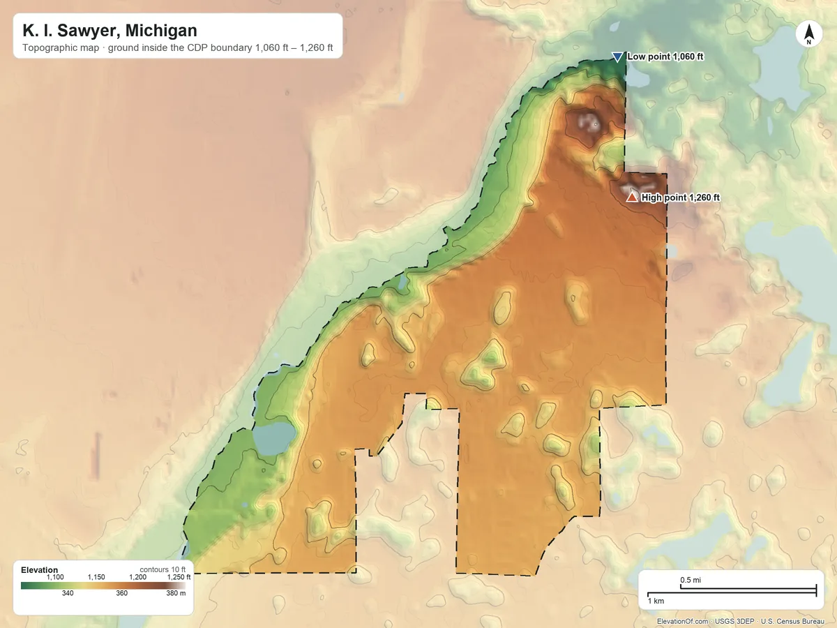 Topographic elevation map of K. I. Sawyer, Michigan, shaded from 1,060 ft on the north side to 1,260 ft on the northeast side