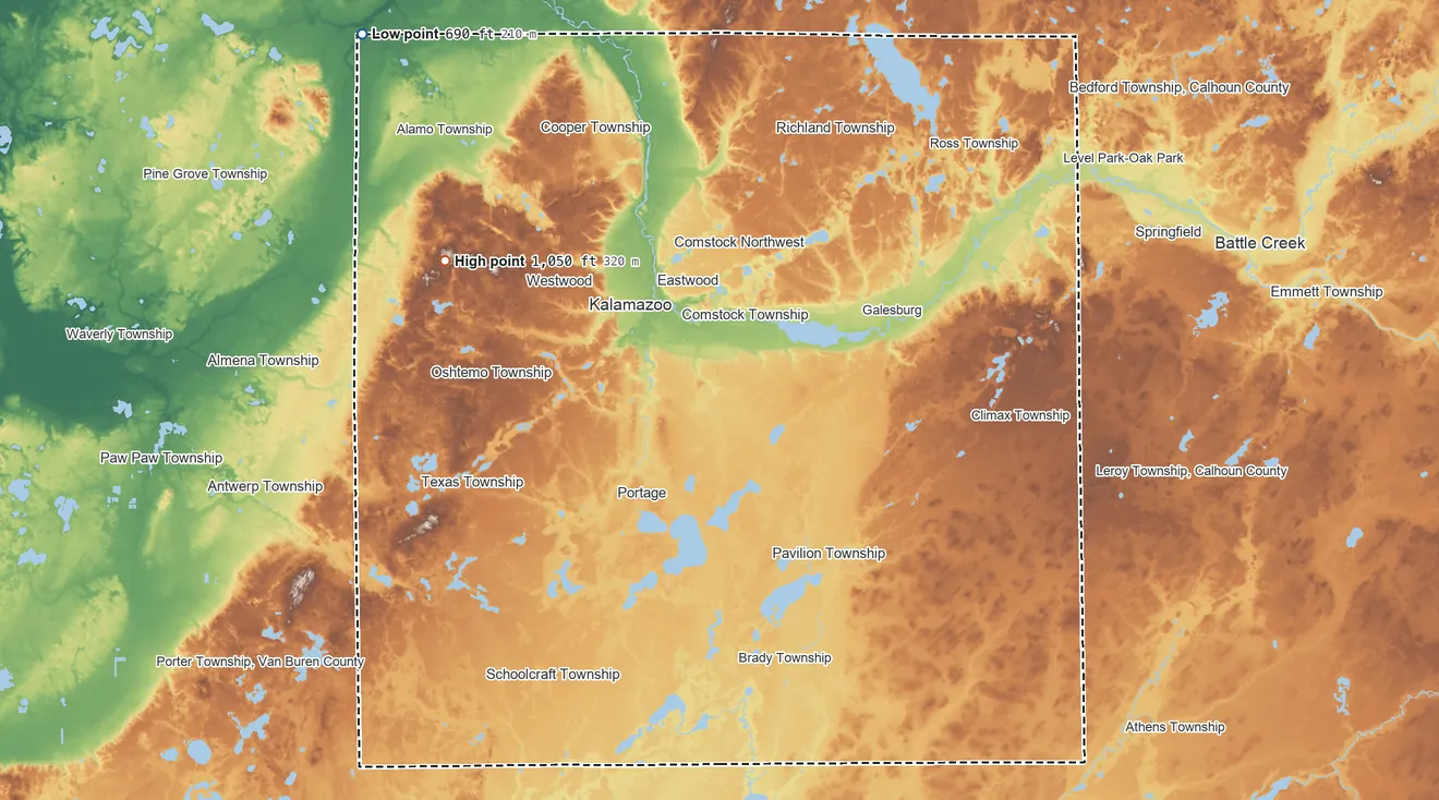 Topographic elevation map of Kalamazoo County, Michigan, shaded from 690 ft on the northwest side to 1,050 ft on the northwest side