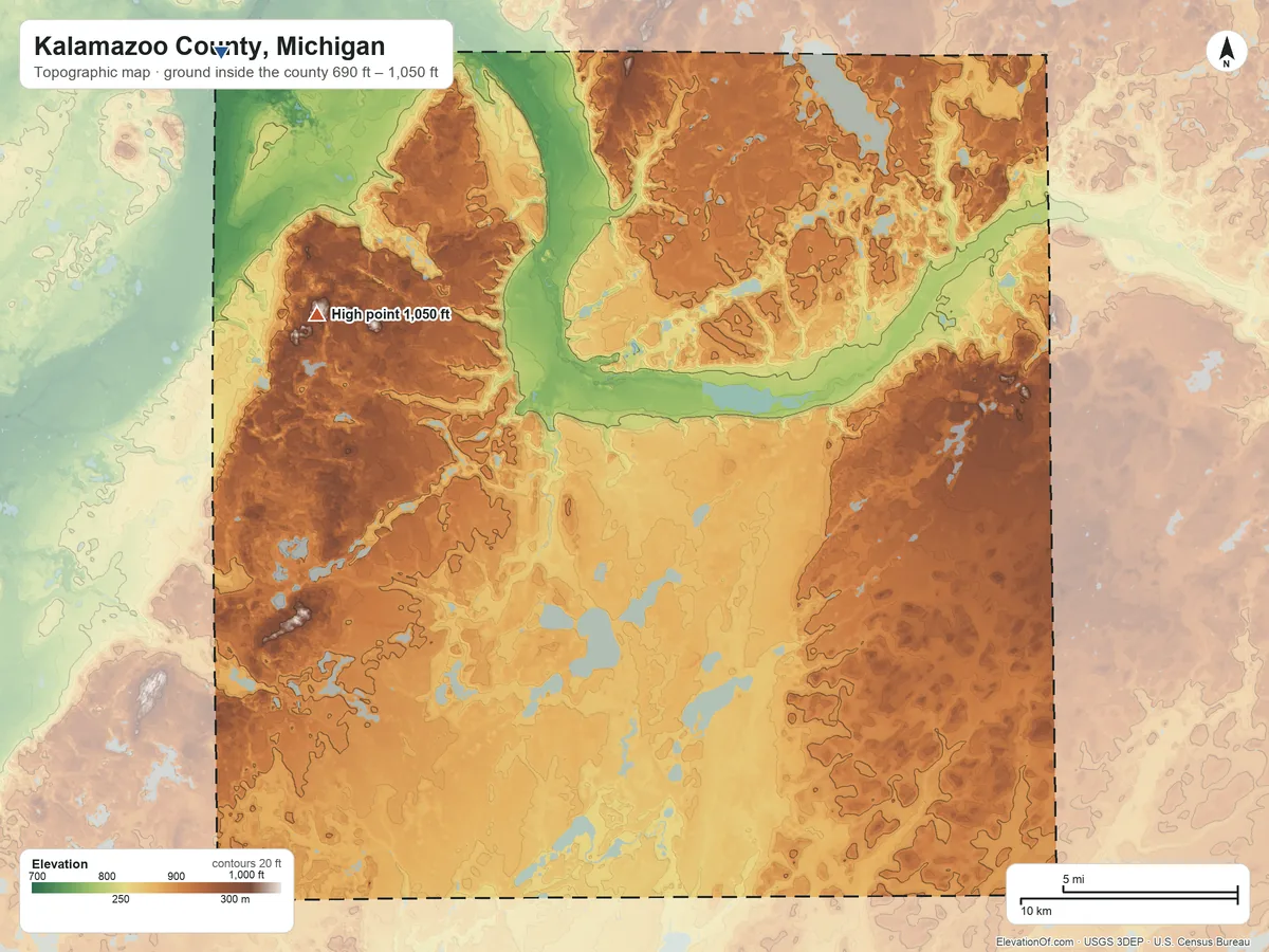 Topographic elevation map of Kalamazoo County, Michigan, shaded from 690 ft on the northwest side to 1,050 ft on the northwest side