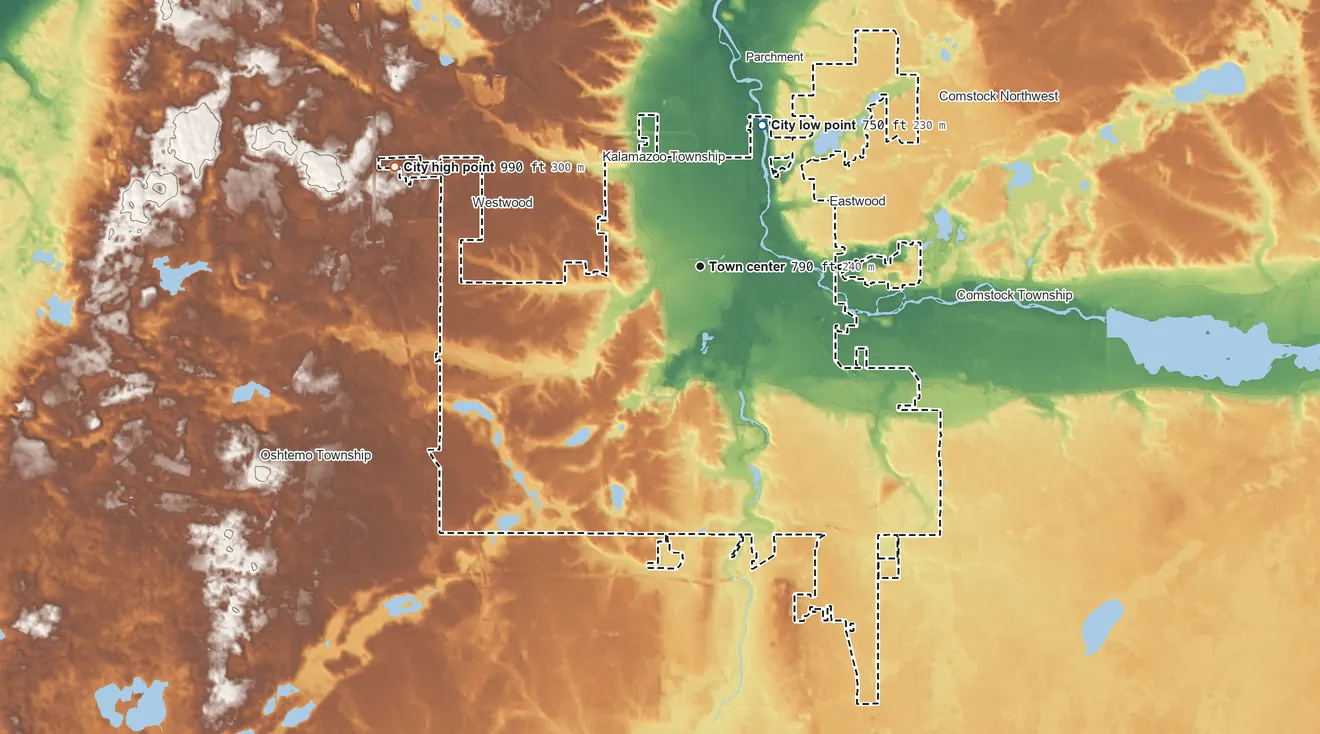Topographic elevation map of Kalamazoo, Michigan, shaded from 750 ft on the northeast side to 990 ft on the west side