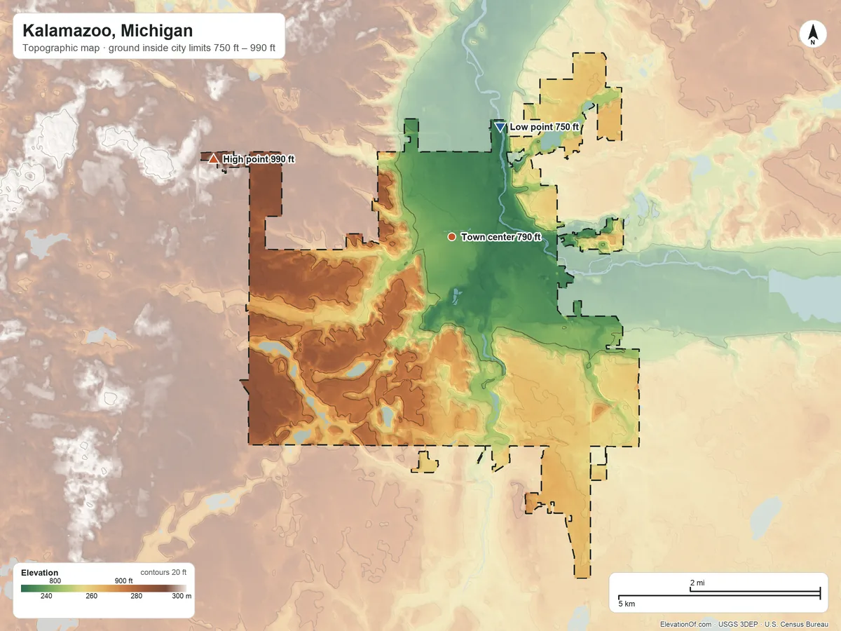 Topographic elevation map of Kalamazoo, Michigan, shaded from 750 ft on the northeast side to 990 ft on the west side