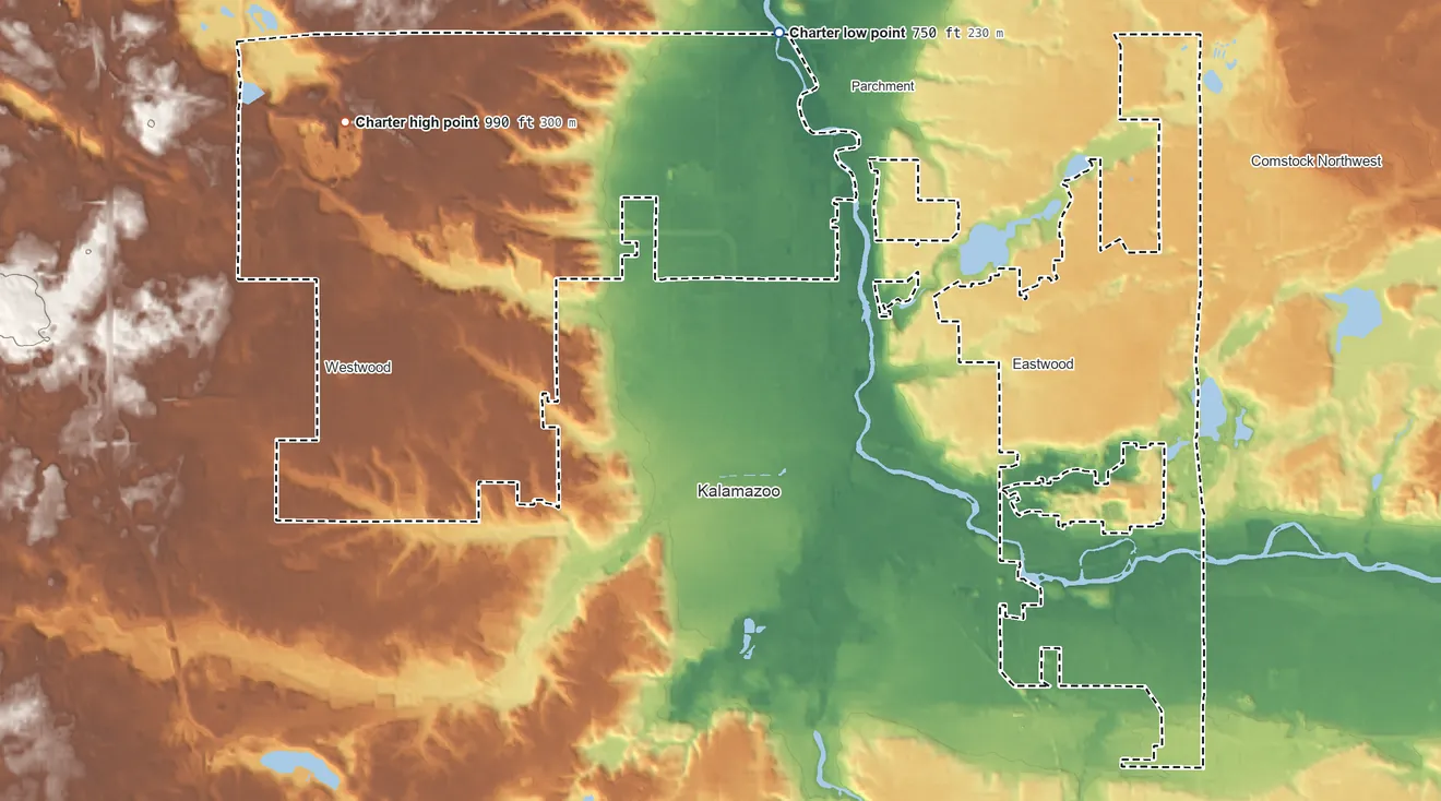 Topographic elevation map of Kalamazoo Township, Michigan, shaded from 750 ft on the northeast side to 990 ft on the northwest side