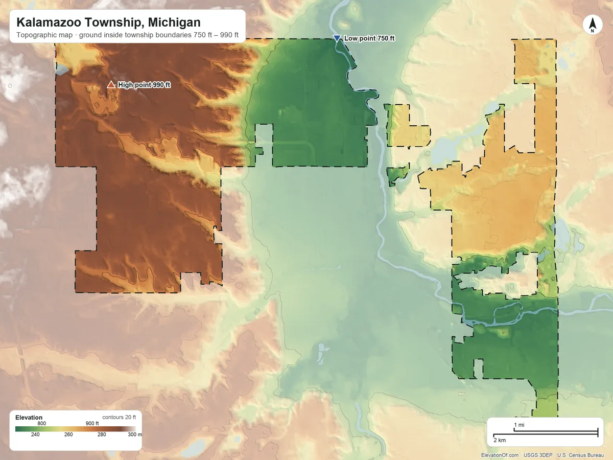 Topographic elevation map of Kalamazoo Township, Michigan, shaded from 750 ft on the northeast side to 990 ft on the northwest side