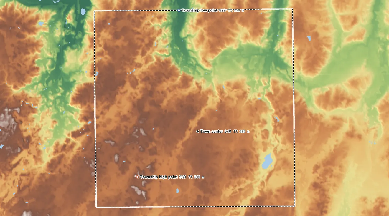 Topographic elevation map of Kalamo Township, Michigan, shaded from 820 ft on the north side to 980 ft on the southwest side