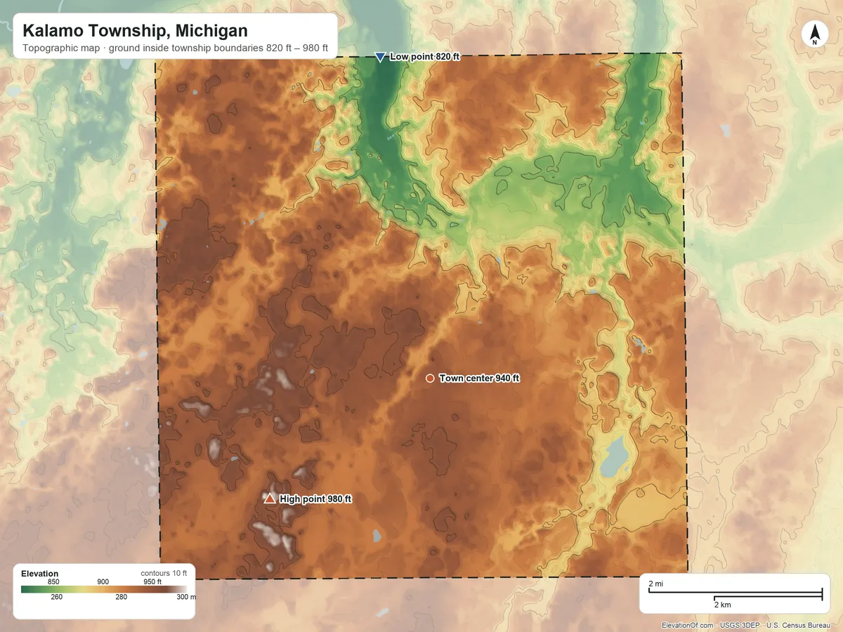 Topographic elevation map of Kalamo Township, Michigan, shaded from 820 ft on the north side to 980 ft on the southwest side