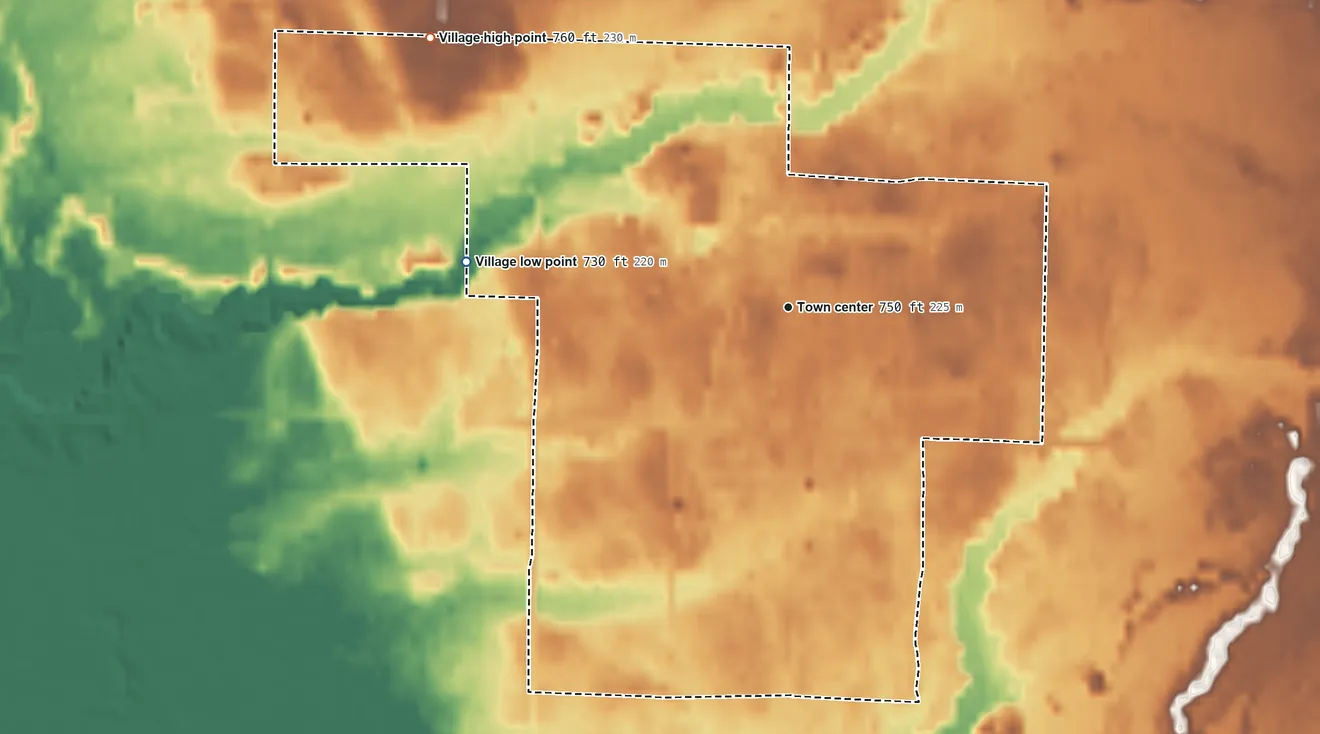 Topographic elevation map of Kaleva, Michigan, shaded from 730 ft on the west side to 760 ft on the northwest side
