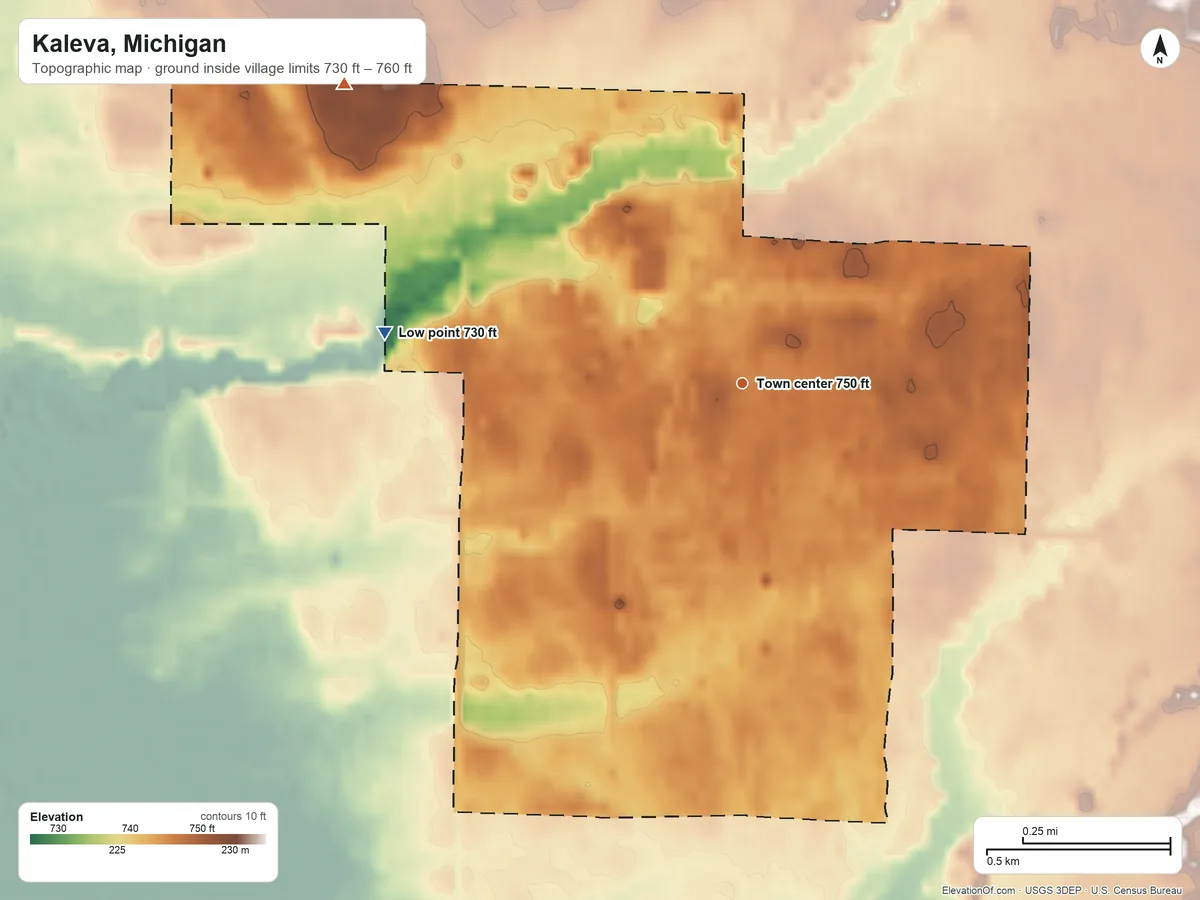 Topographic elevation map of Kaleva, Michigan, shaded from 730 ft on the west side to 760 ft on the northwest side