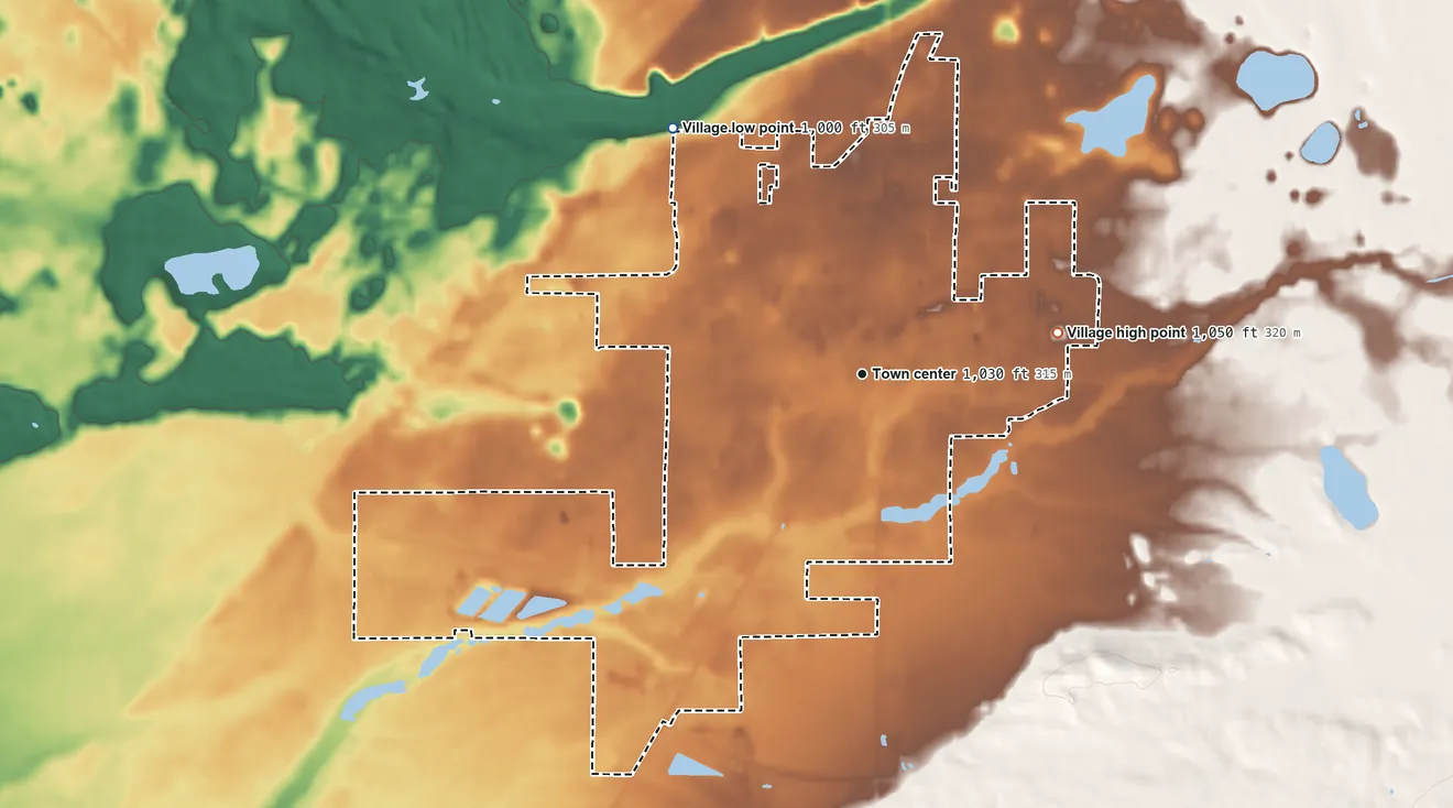 Topographic elevation map of Kalkaska, Michigan, shaded from 1,000 ft on the northwest side to 1,050 ft on the east side