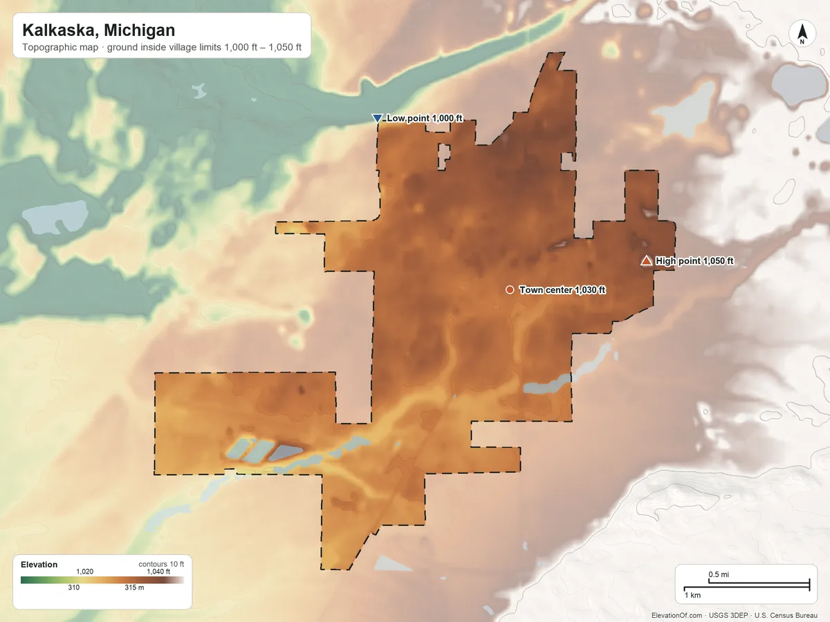 Topographic elevation map of Kalkaska, Michigan, shaded from 1,000 ft on the northwest side to 1,050 ft on the east side
