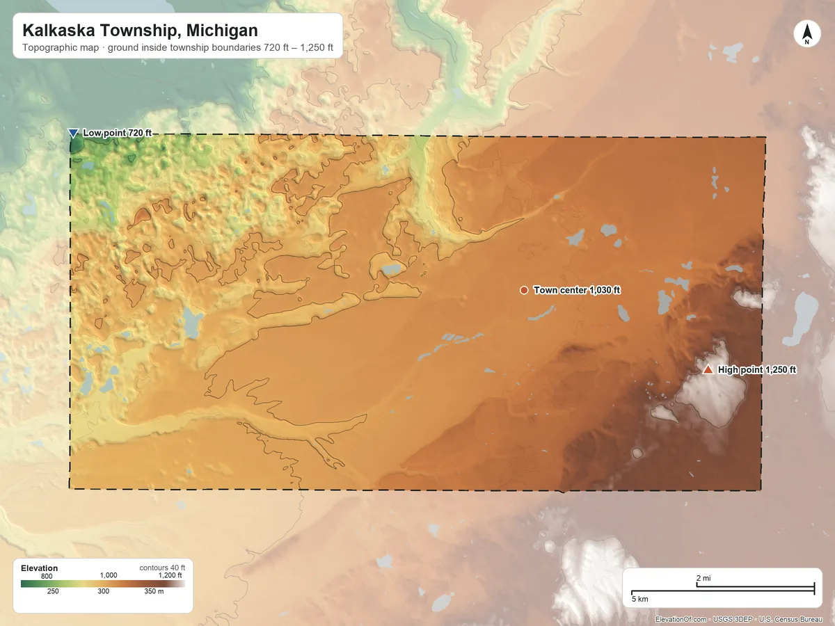 Topographic elevation map of Kalkaska Township, Michigan, shaded from 720 ft on the west side to 1,250 ft on the southeast side