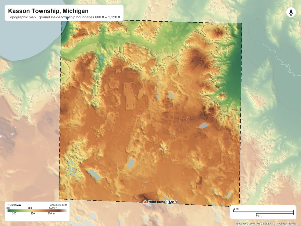 Topographic elevation map of Kasson Township, Michigan, shaded from 600 ft on the northwest side to 1,120 ft on Varney Hill