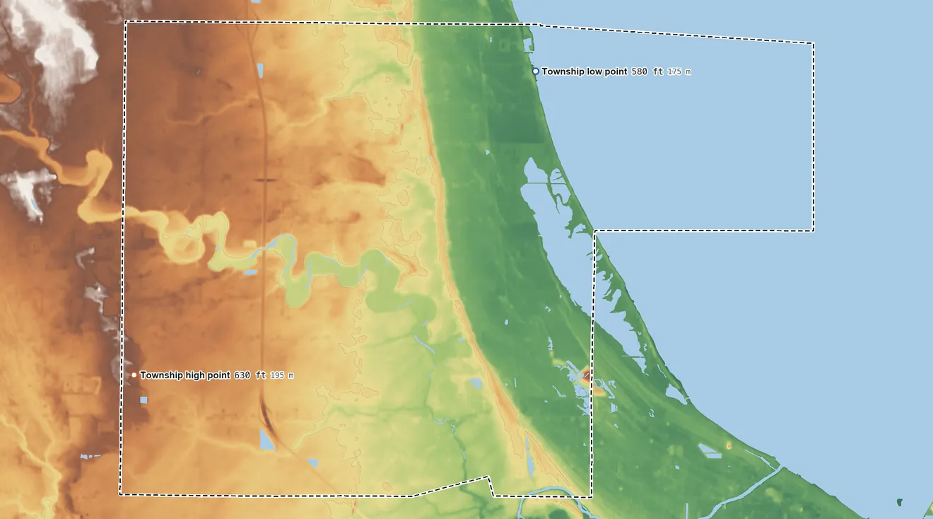 Topographic elevation map of Kawkawlin Township, Michigan, shaded from 580 ft on the northeast side to 630 ft on the southwest side