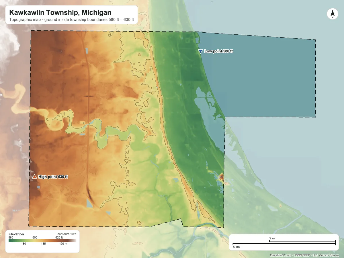 Topographic elevation map of Kawkawlin Township, Michigan, shaded from 580 ft on the northeast side to 630 ft on the southwest side