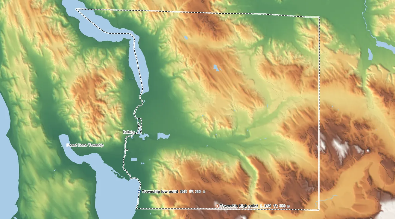 Topographic elevation map of Kearney Township, Michigan, shaded from 590 ft on the southwest side to 1,160 ft on the southeast side