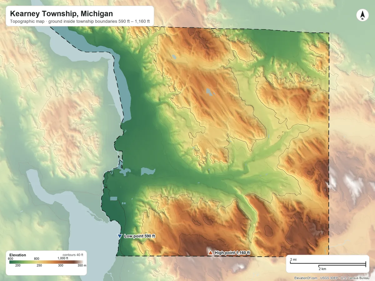 Topographic elevation map of Kearney Township, Michigan, shaded from 590 ft on the southwest side to 1,160 ft on the southeast side
