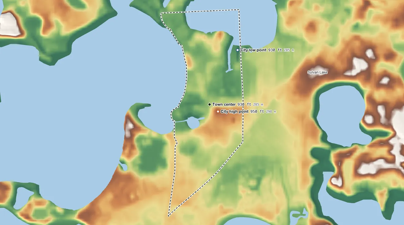Topographic elevation map of Keego Harbor, Michigan, shaded from 930 ft on the northeast side to 950 ft near the middle