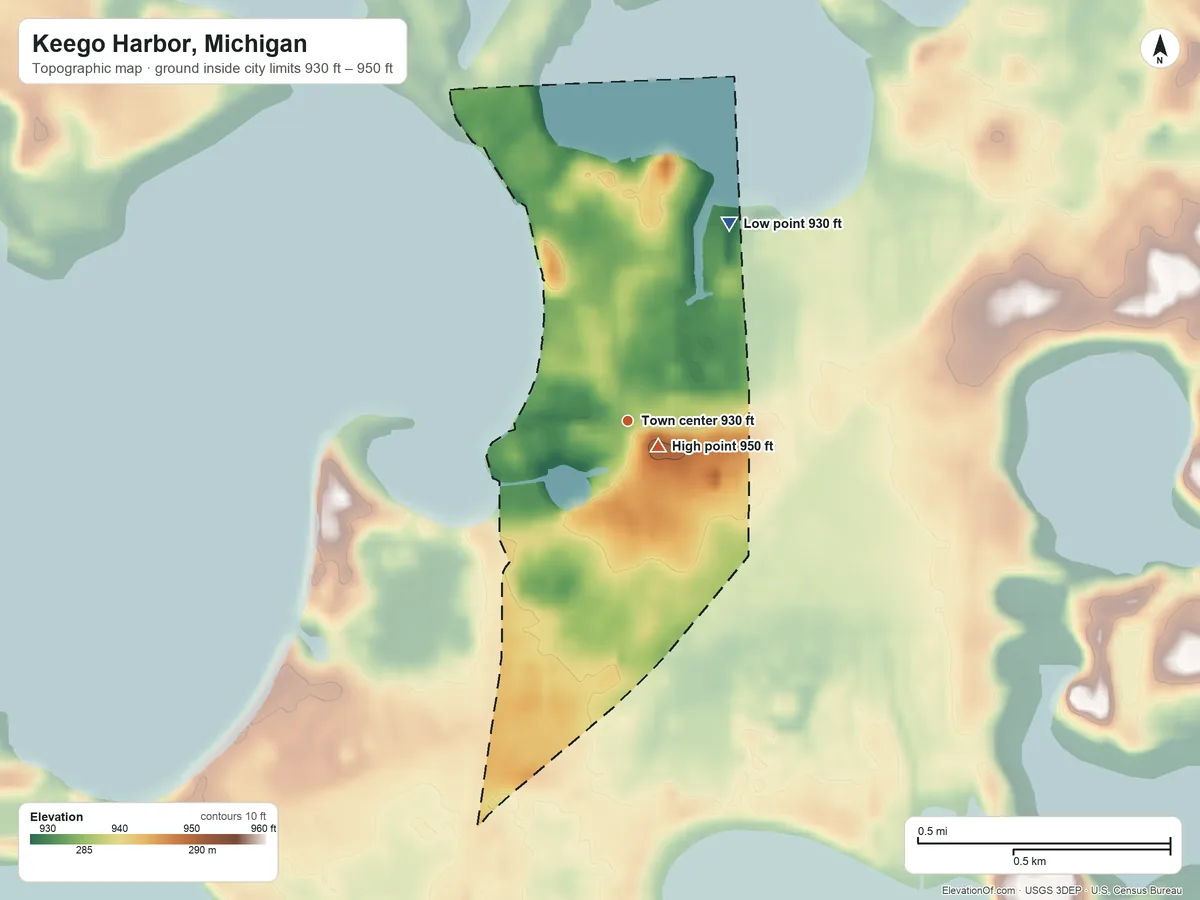 Topographic elevation map of Keego Harbor, Michigan, shaded from 930 ft on the northeast side to 950 ft near the middle
