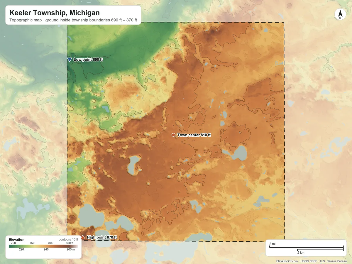 Topographic elevation map of Keeler Township, Michigan, shaded from 690 ft on the northwest side to 870 ft on the southwest side