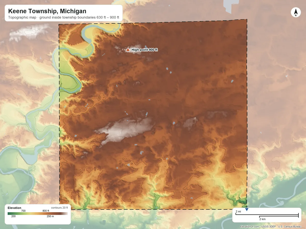 Topographic elevation map of Keene Township, Michigan, shaded from 630 ft on the southeast side to 900 ft on the north side