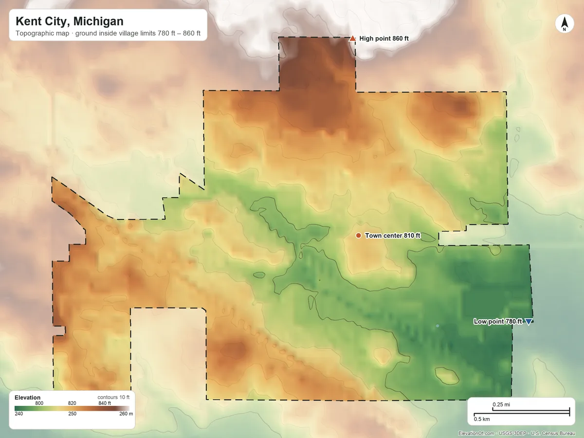 Topographic elevation map of Kent City, Michigan, shaded from 780 ft on the southeast side to 860 ft on the north side