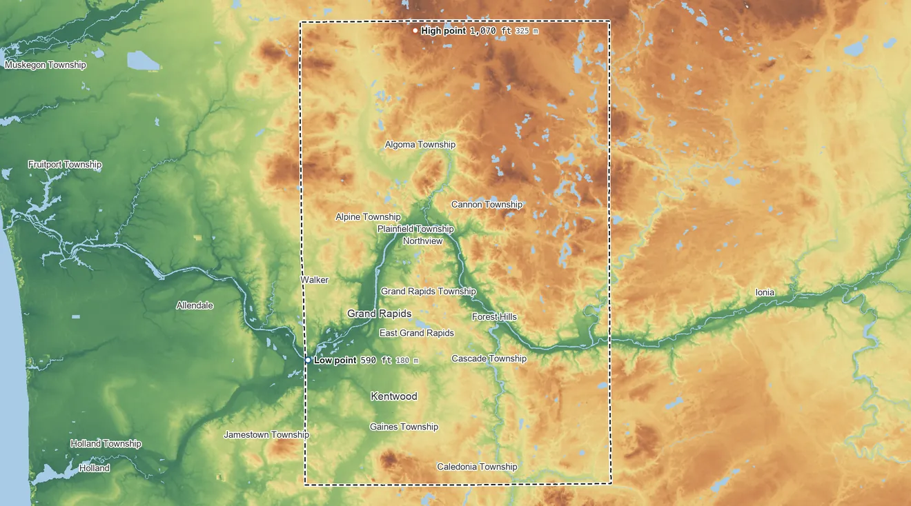 Topographic elevation map of Kent County, Michigan, shaded from 590 ft on the southwest side to 1,070 ft on the north side