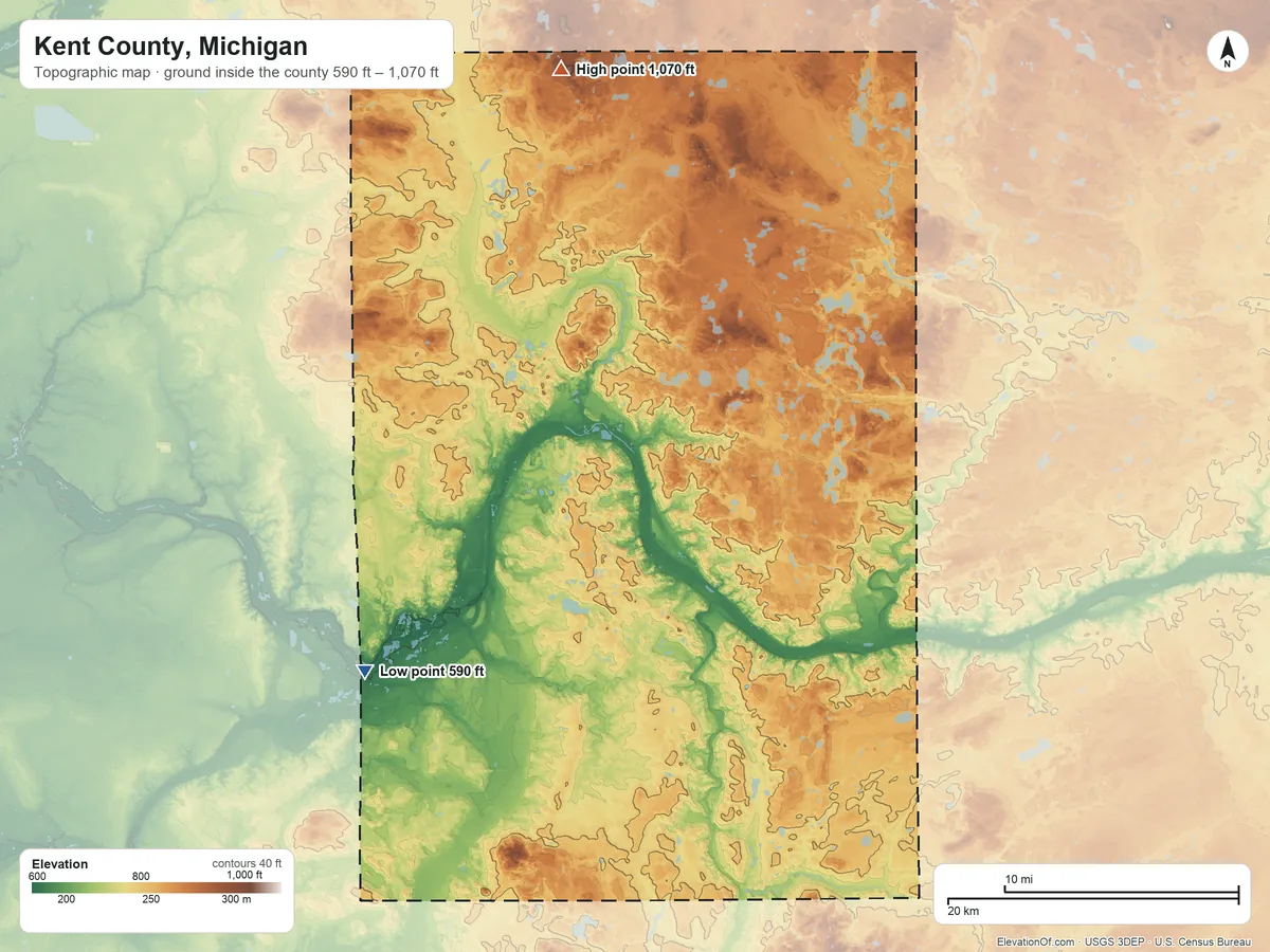 Topographic elevation map of Kent County, Michigan, shaded from 590 ft on the southwest side to 1,070 ft on the north side