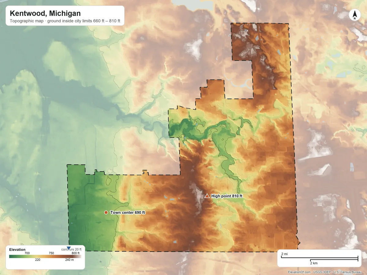 Topographic elevation map of Kentwood, Michigan, shaded from 660 ft on the southwest side to 810 ft on the east side