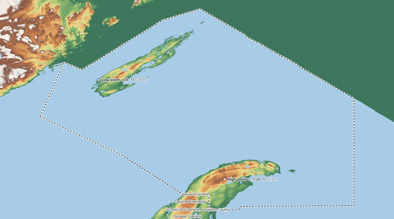 Topographic elevation map of Keweenaw County, Michigan, shaded from 600 ft on the west side to 1,550 ft on Mount Horace Greeley